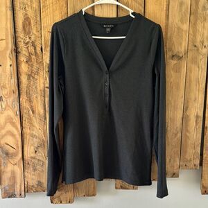 Athleta Sz Large Uptempo Ribbed Henley Top Black/Gray Stretch Long Sleeve V Neck